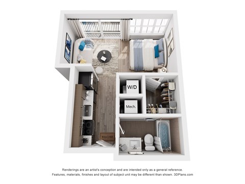 Floor plan for studio, 1 bath, 500 sqft